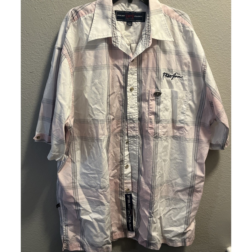 Vintage Y2K Phat Farm Shirt L Short‎ Sleeve Button Down Pink & White Plaid 90s